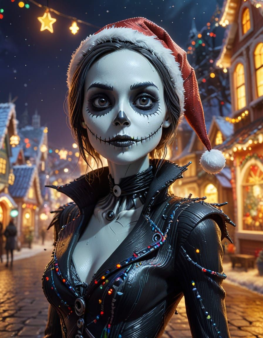 Female Jack Skellington in Vibrant Christmas Wonderland