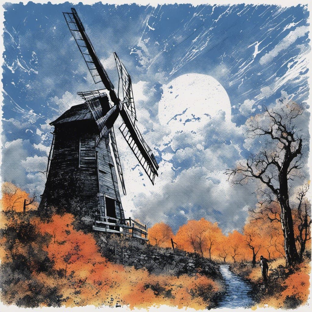 Autumn Windmill: Blue Ink Drawing with Splatter