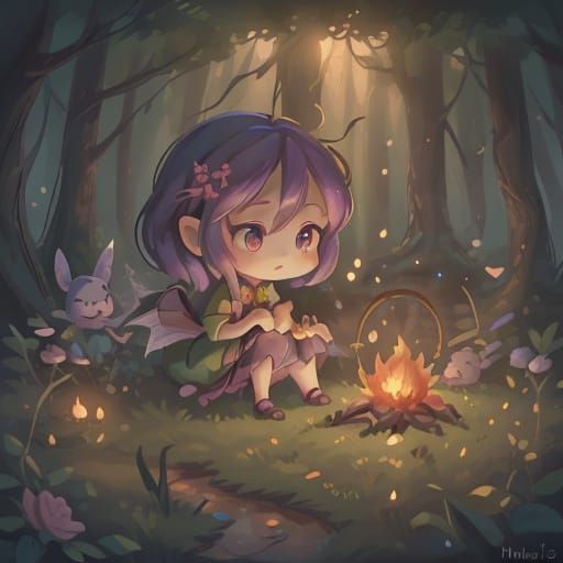 Woman Tends Fire on Foggy Night