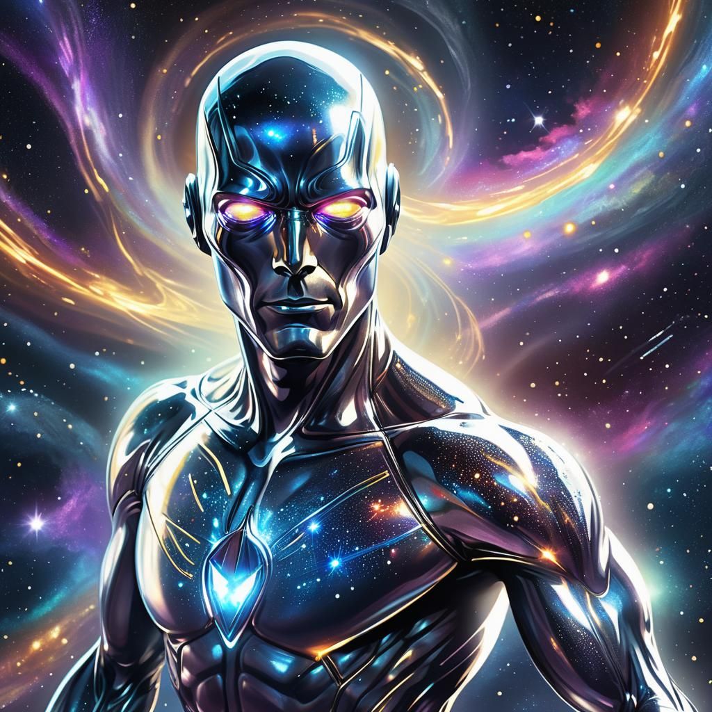 Silver Surfer Soaring Through Galaxy in Cell-Shaded Art