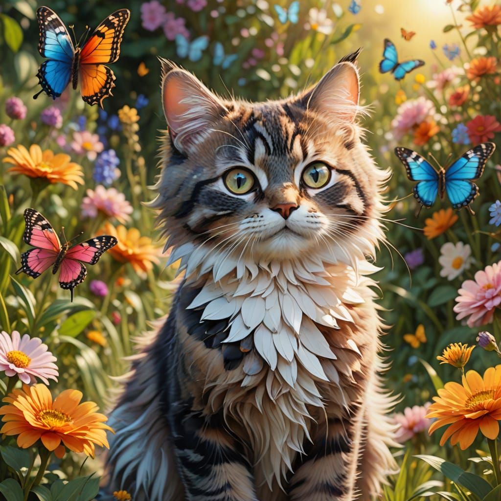 Feathered Cat's Butterfly Chase: Hyper-Realistic Digital Art