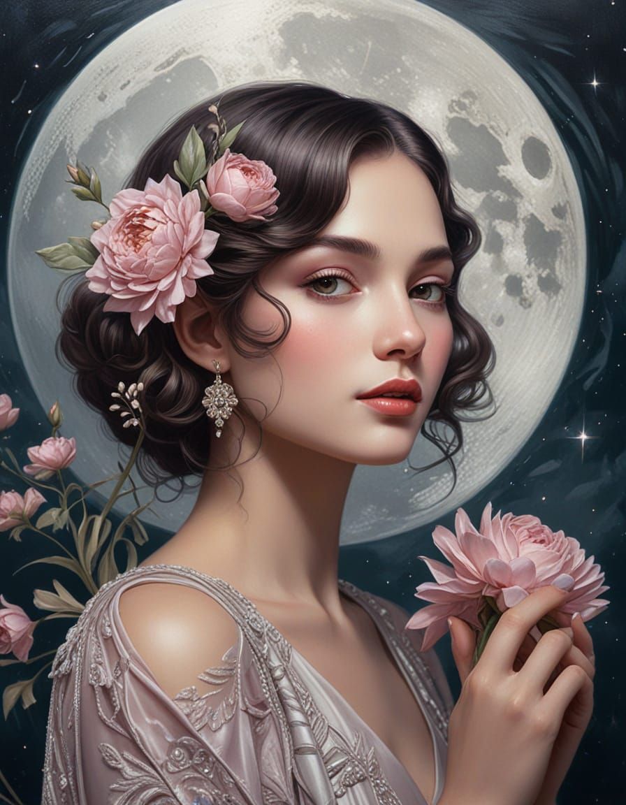 Art Deco Portrait of Woman with Flowers