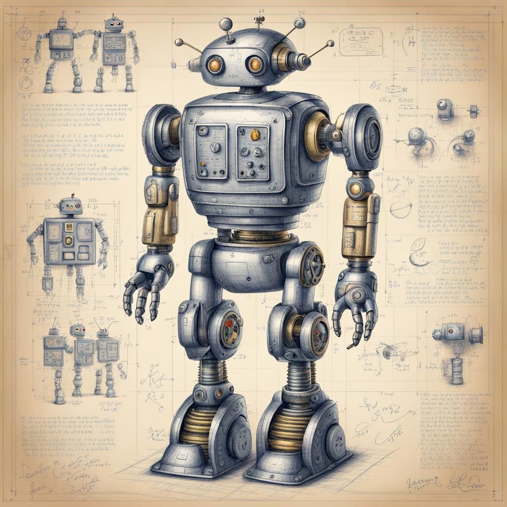 Detailed Blueprint of a Cute Robot Illustration