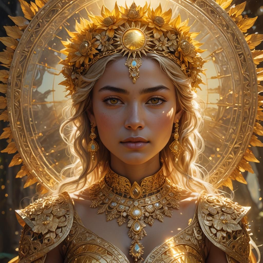 Golden Sun Goddess Portrait in Art Nouveau Style