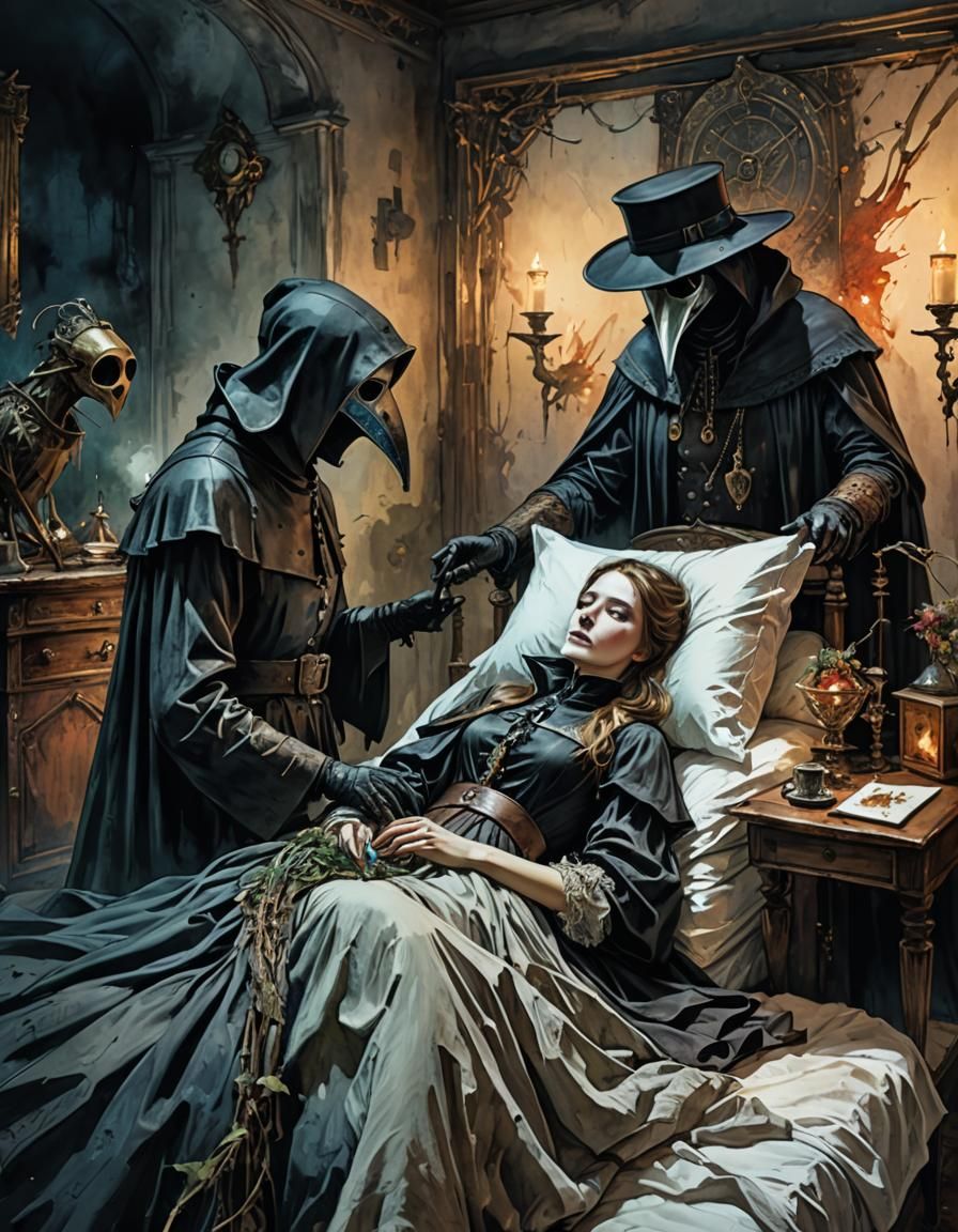 Plague Doctor and Patient: Stylized Watercolor Art