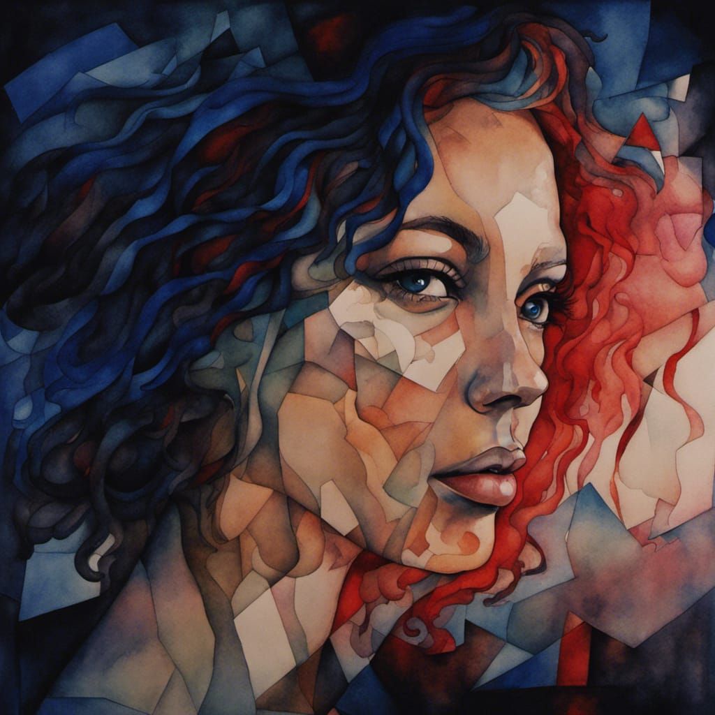 Abstract Cubist Portrait of Woman with Blue Hair