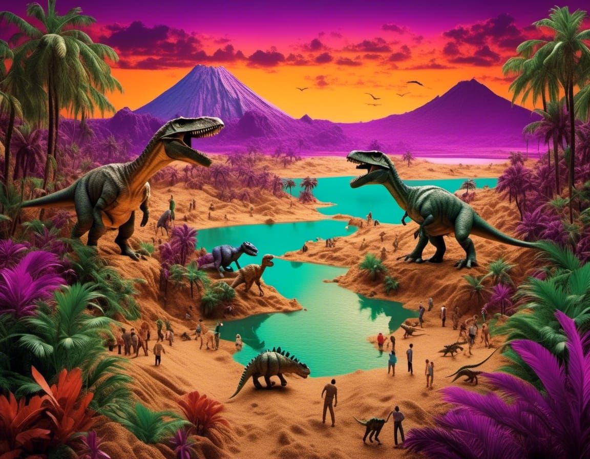 Diorama Art of Dinosaurs Near Volcano Lake