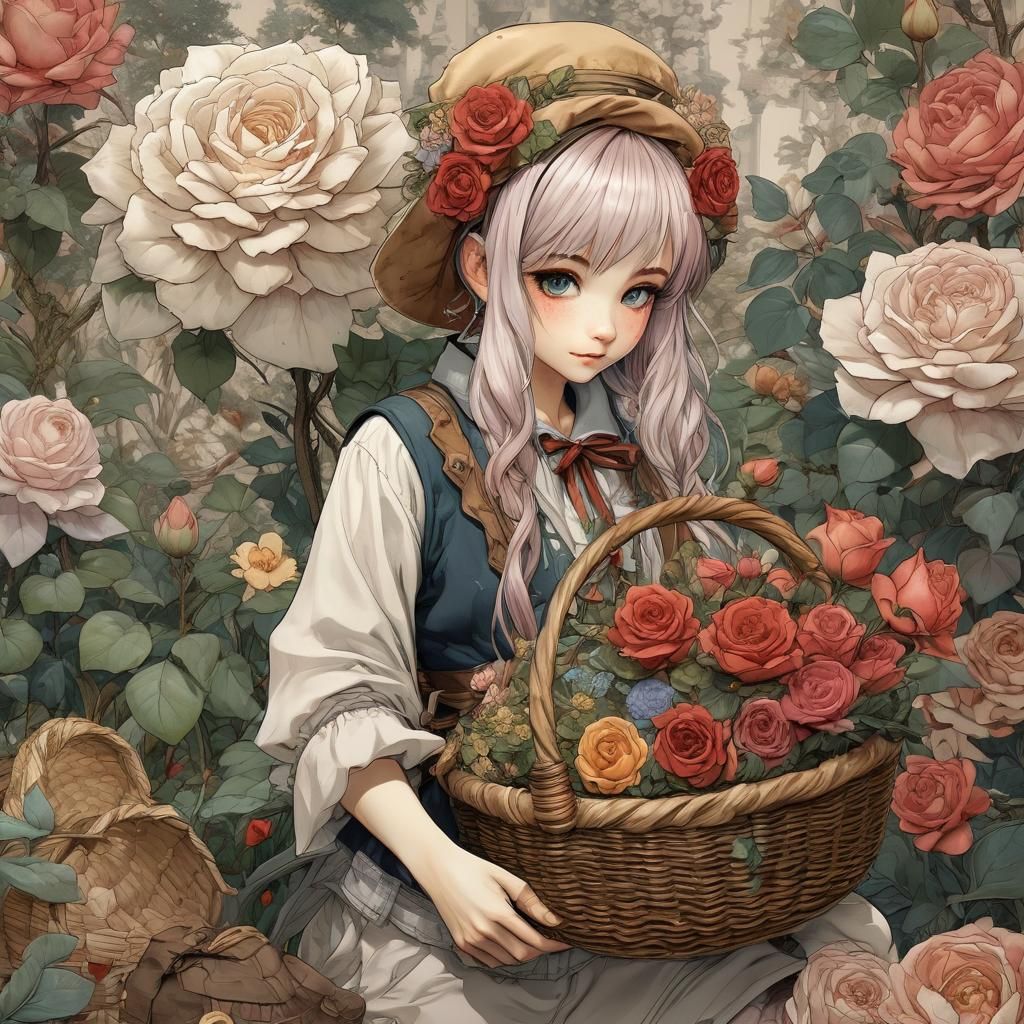 Elegant Bohemian Girl with a Lush Bouquet of Roses