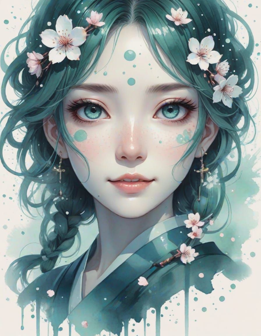 Anime Girl with Jade Eyes in Watercolor Splash Art