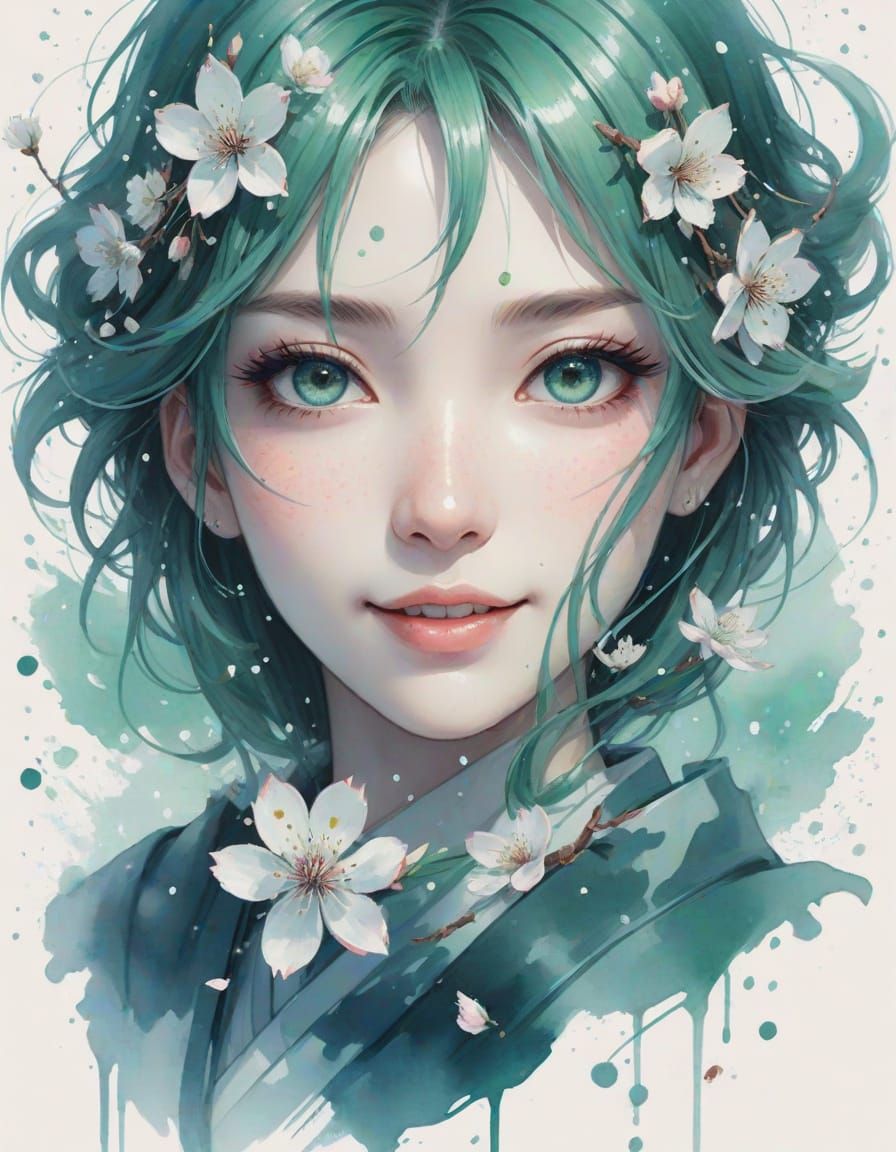 Cute Celadon Anime Girl in Watercolor Style