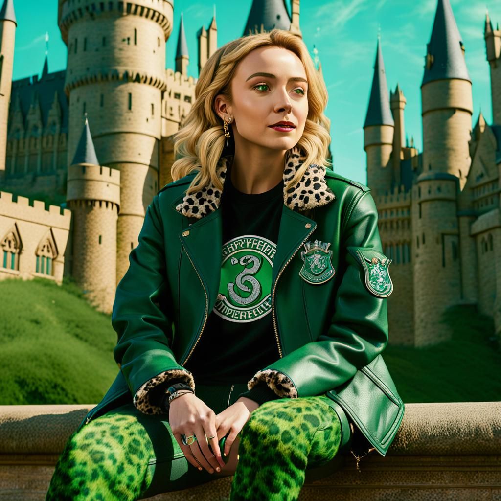 Girl in Green Jacket Outside Fantasy Castle