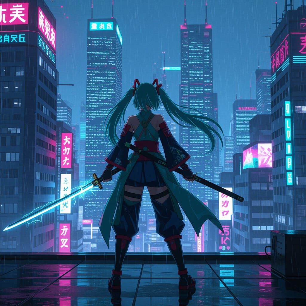 Hatsune Miku as Cyberpunk Samurai Warrior