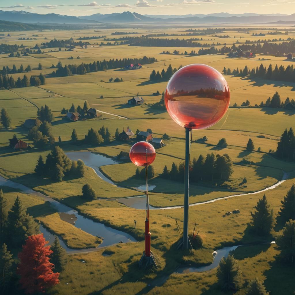 Red Bubbles Float in Serene Landscape