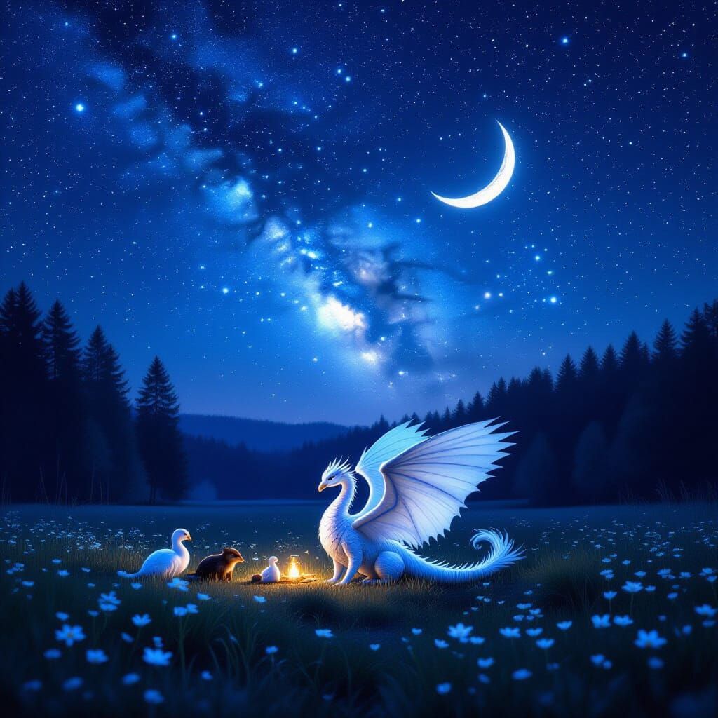 Magical Night Scene: Dragon, Fairy, and Moonlit Forest