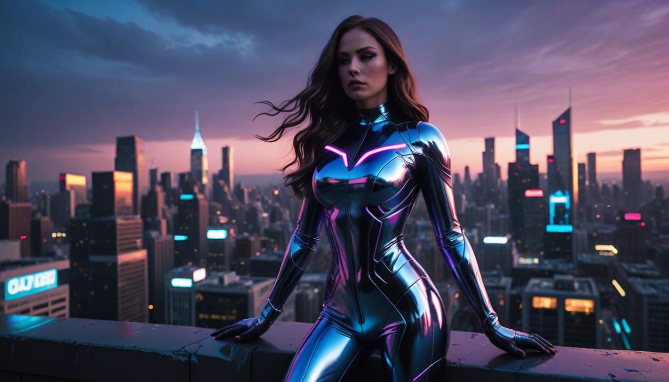 Chrome Superheroine Overlooking Futuristic Cityscape
