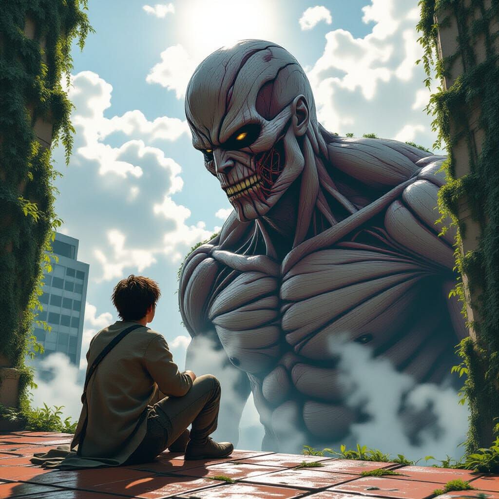 Colossal Titan Looms Over City in Dark Fantasy Style