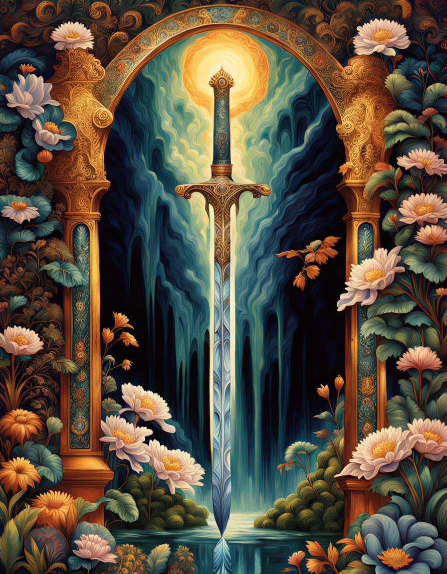 Surreal Water Sword with Iridescent Colors and Shimmering Ef...