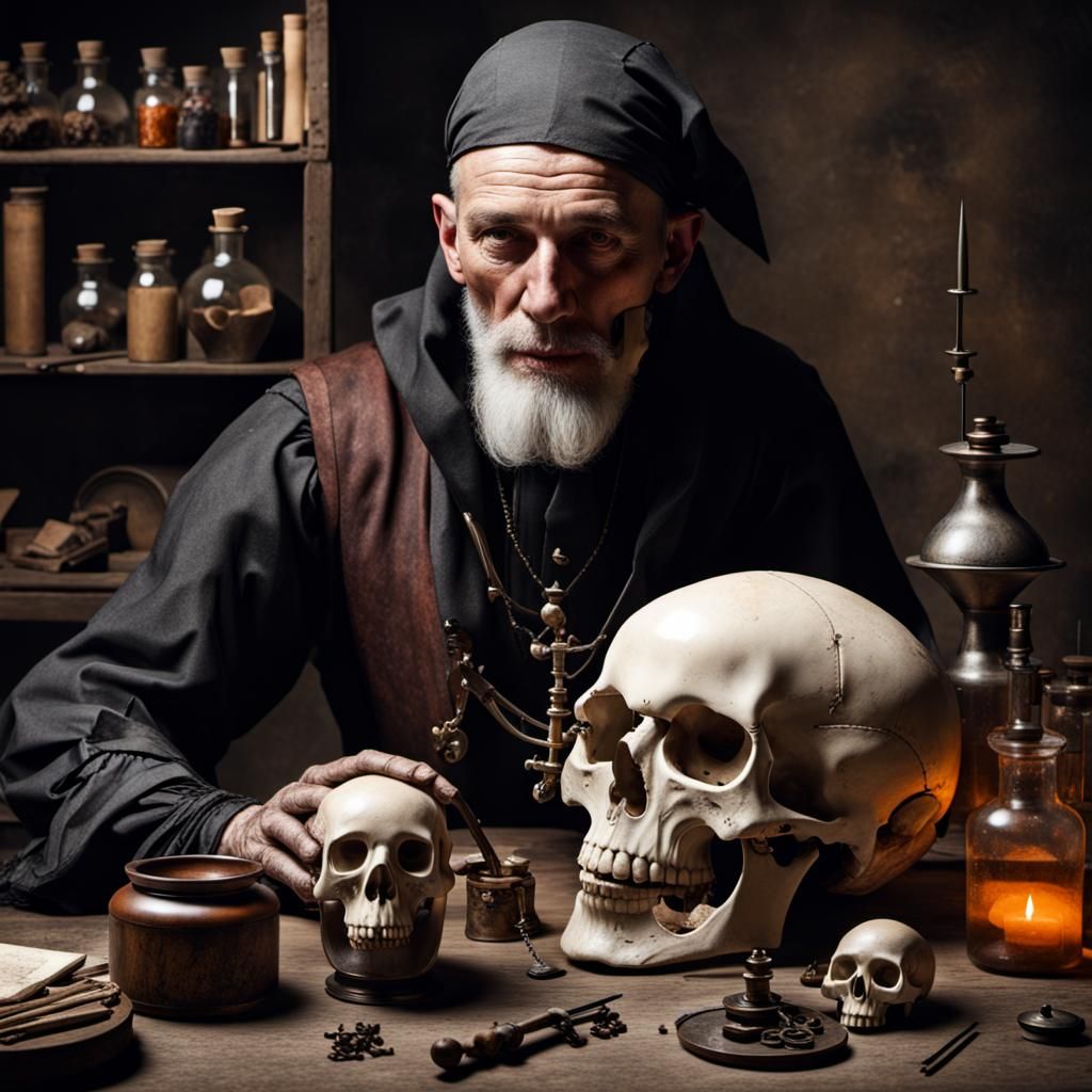 Alchemist at Table with Skull: Digital Painting