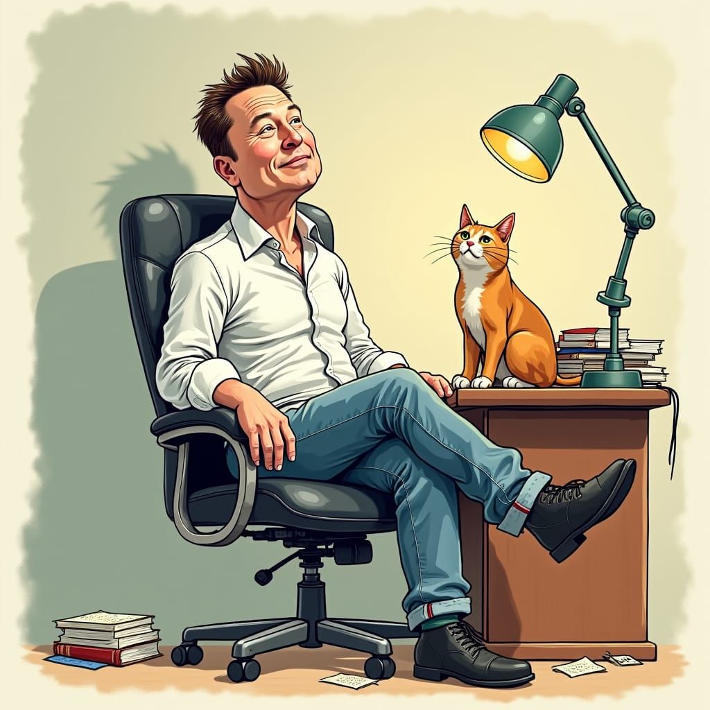 Comical Elon Musk Illustration with Cat