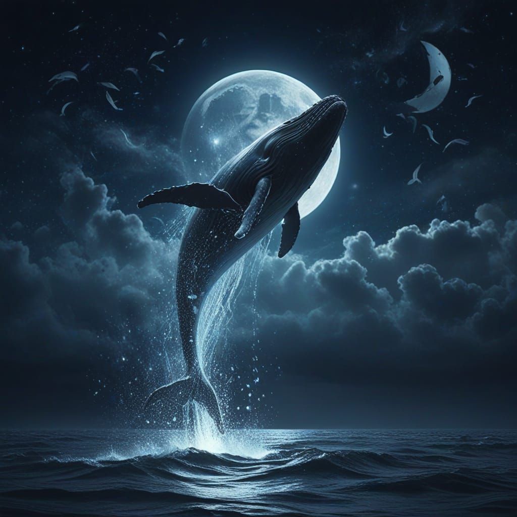 Ethereal Whale Spirits Under Silver Moon in Surreal Style