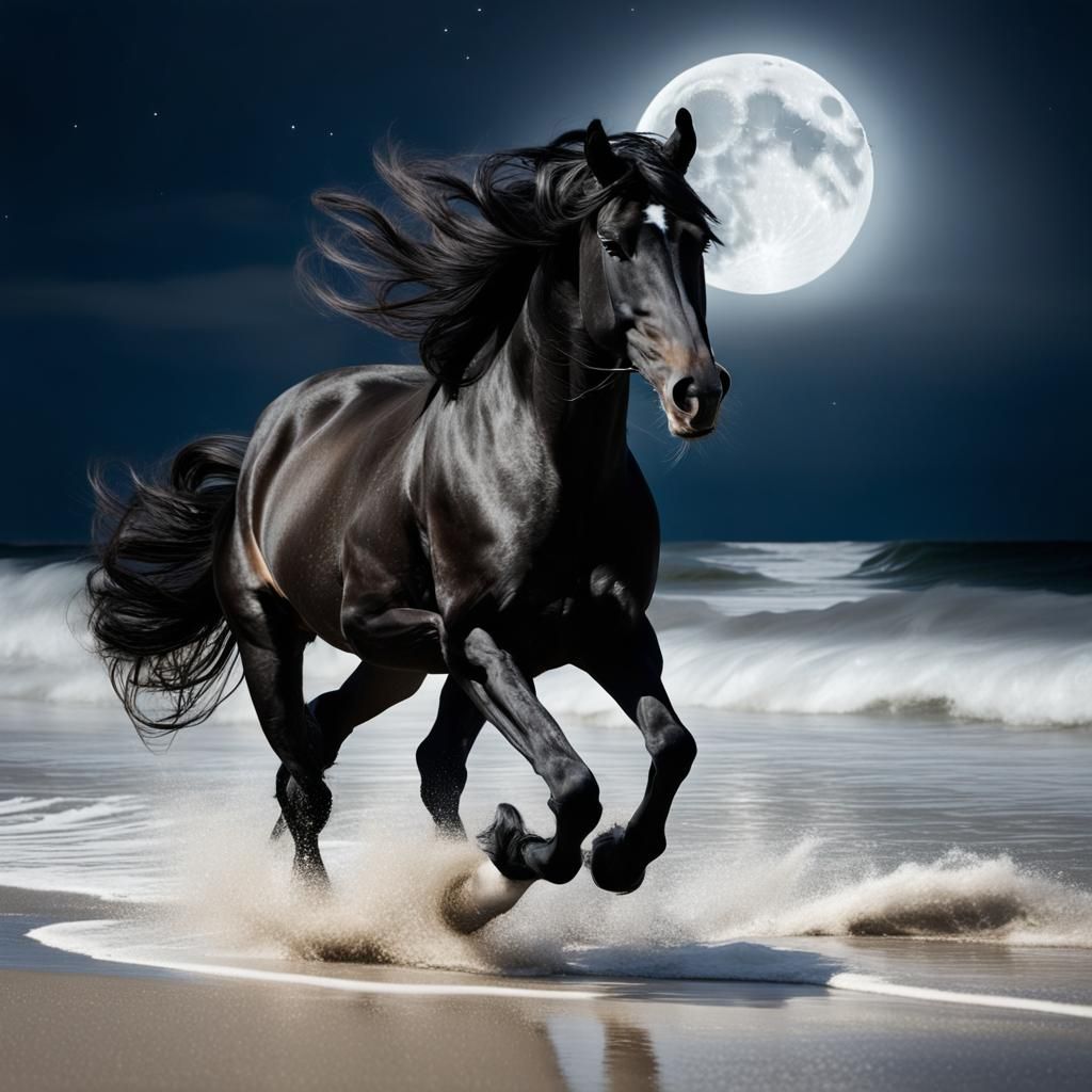 Friesian Horse Galloping on Beach at Night
