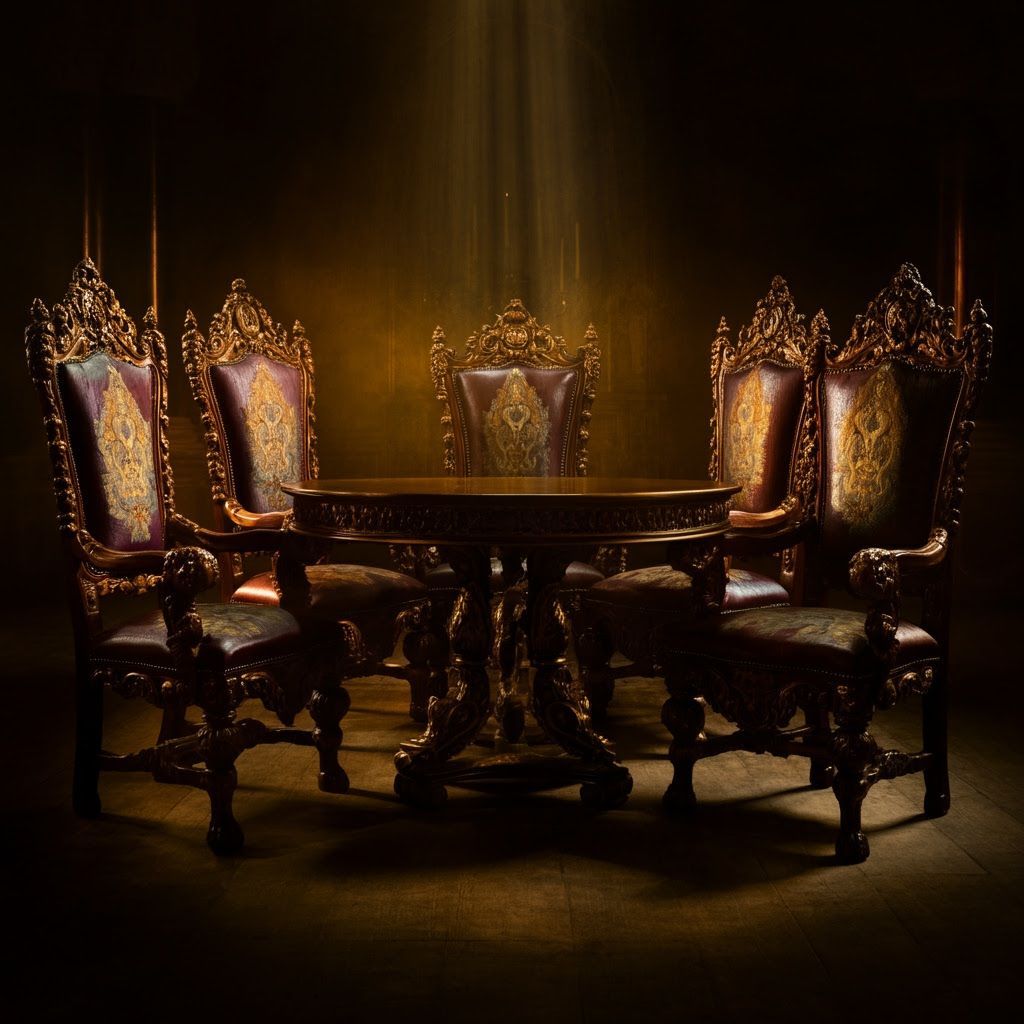 Regal Chairs Around Ornate Table in Chiaroscuro Style