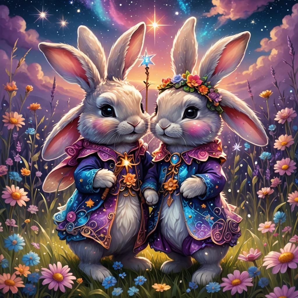 Enchanting Bunnies Conjure Magic in Fantasy Landscape