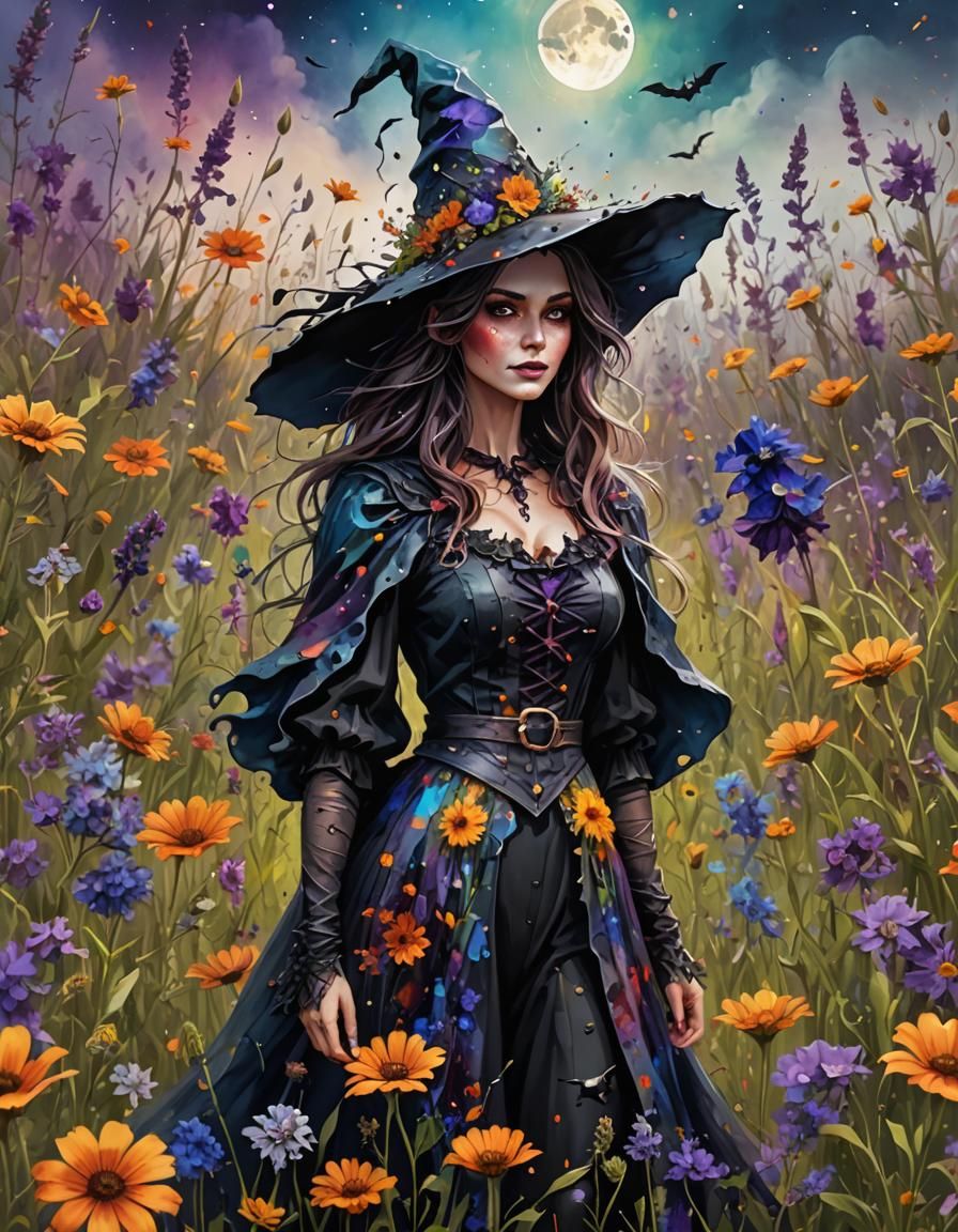 Enchanting Witch in Wildflower Field: Halloween Fantasy