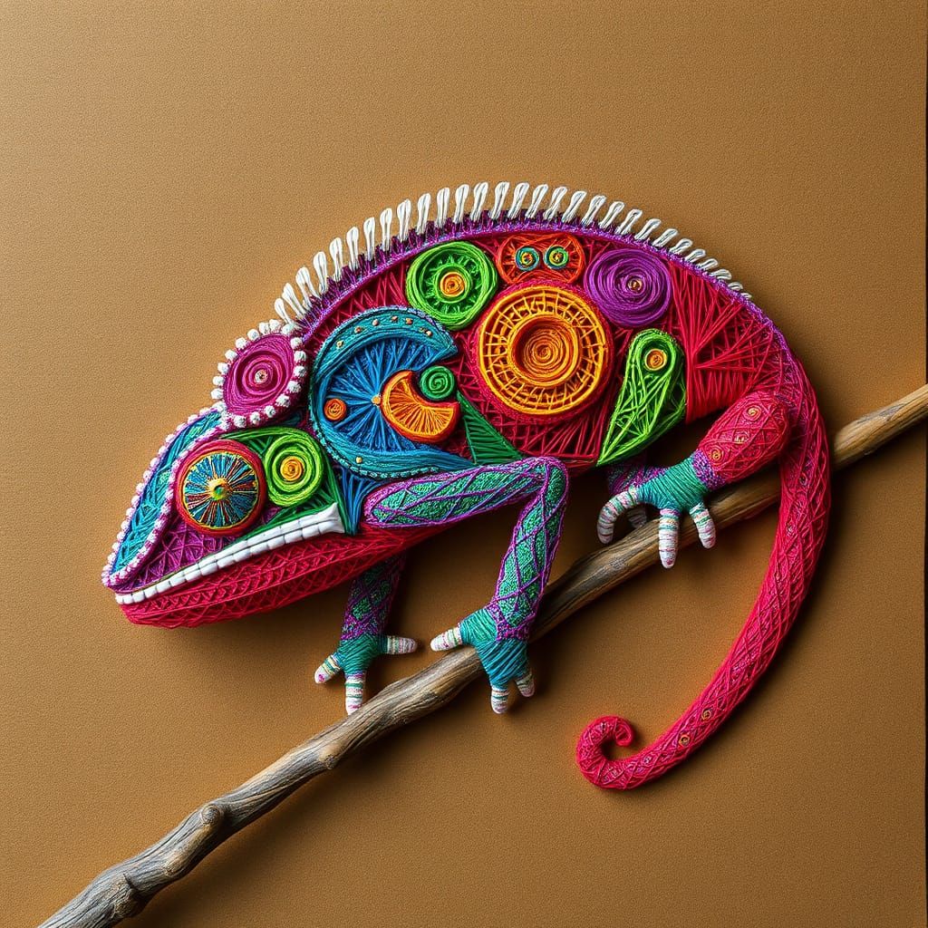 Colorful Chameleon in Computational String Art Style