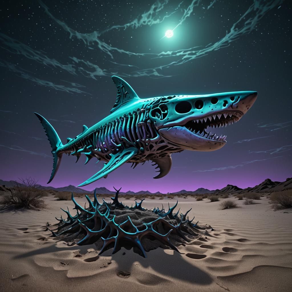 Bioluminescent Shark Skeleton in Desert, Surreal Digital Art