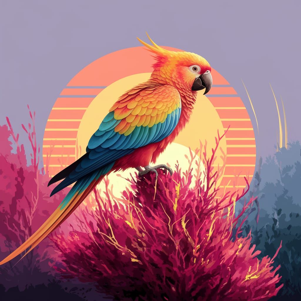 Saffron Parrot Amidst Vibrant Sunset Canopy