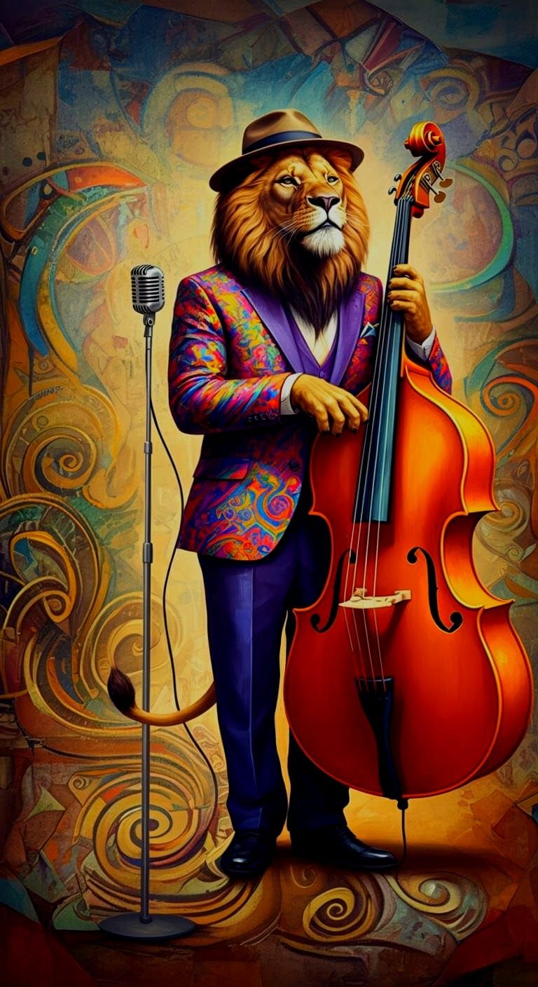 Surrealistic jazz scene. Close-up shot.  Lion crooner,   wea...