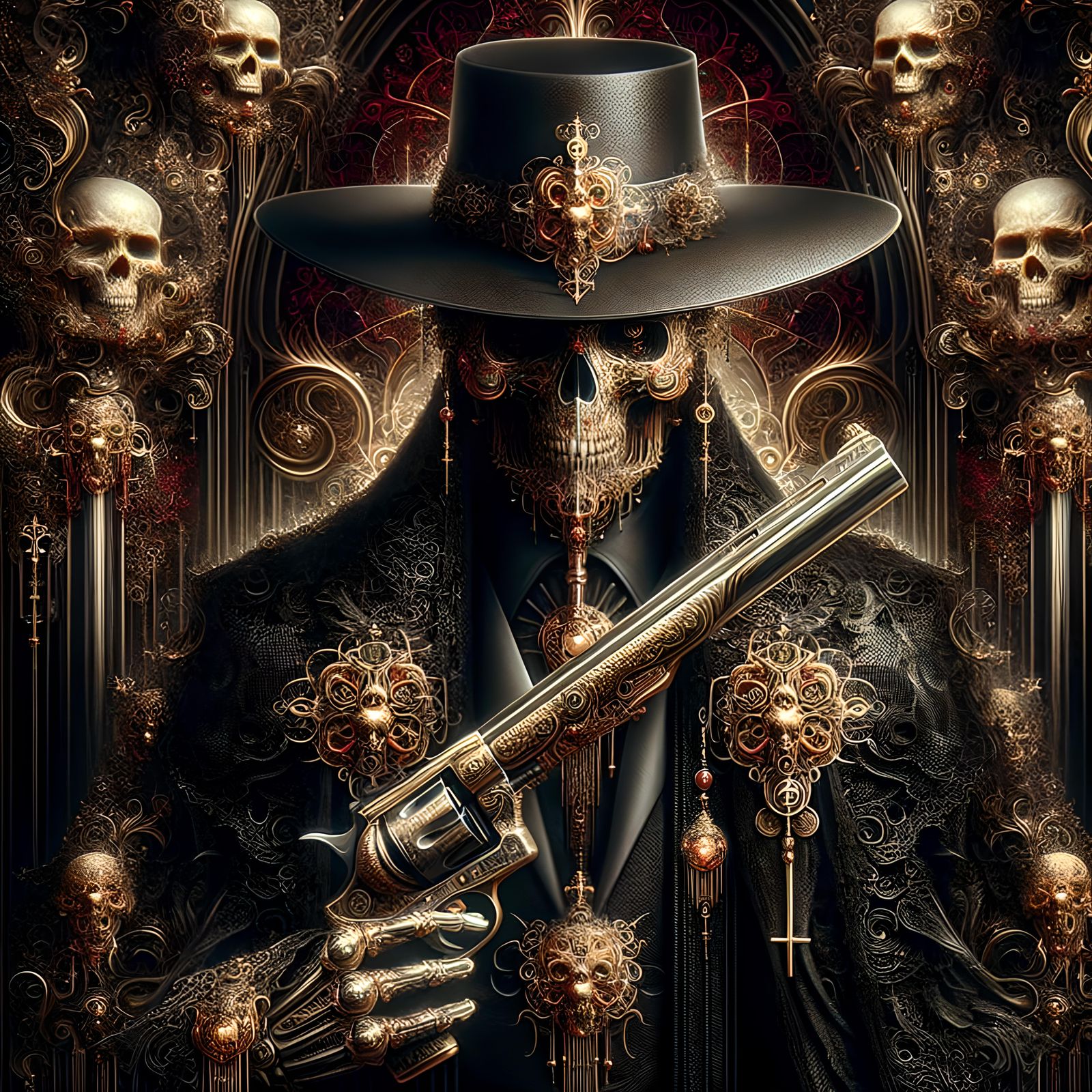 Steampunk Religious Figure with Revolver in Dark Fantasy Sty...