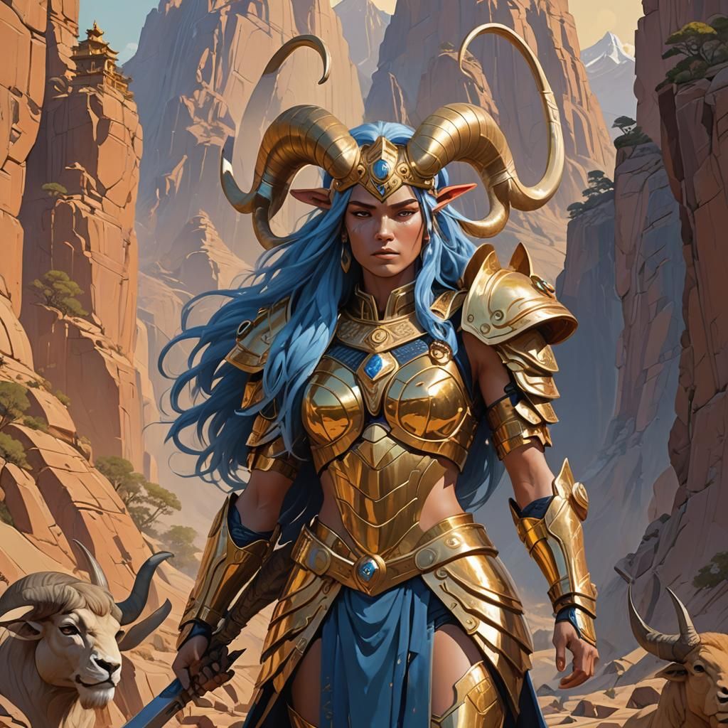 Warrior Woman in Golden Aries Armor Concept Art