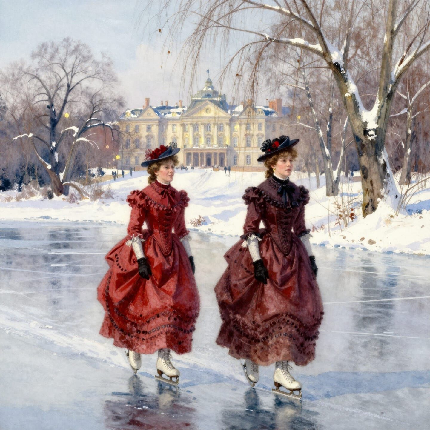 Victorian Women Ice Skating on Frozen Lake
