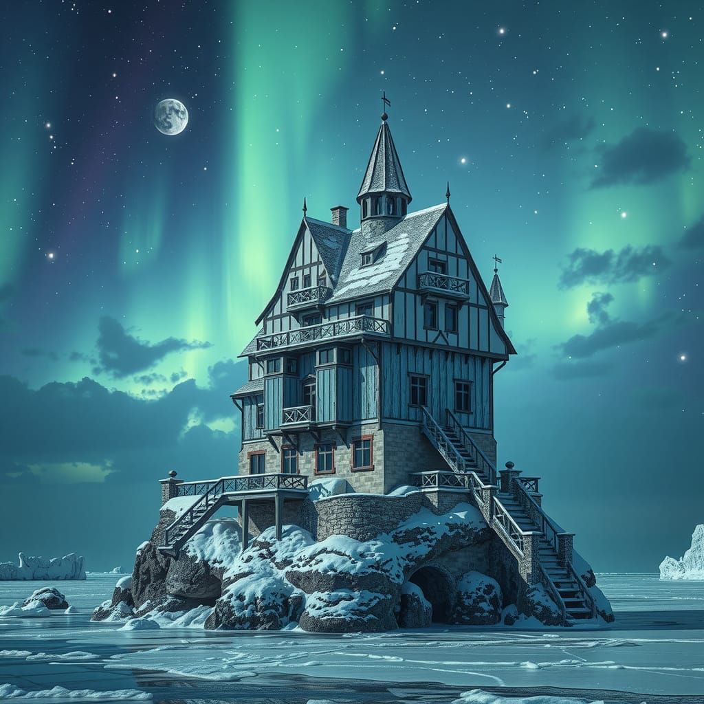 Aurora Over Rickety Icepunk Castle in Frozen Ocean