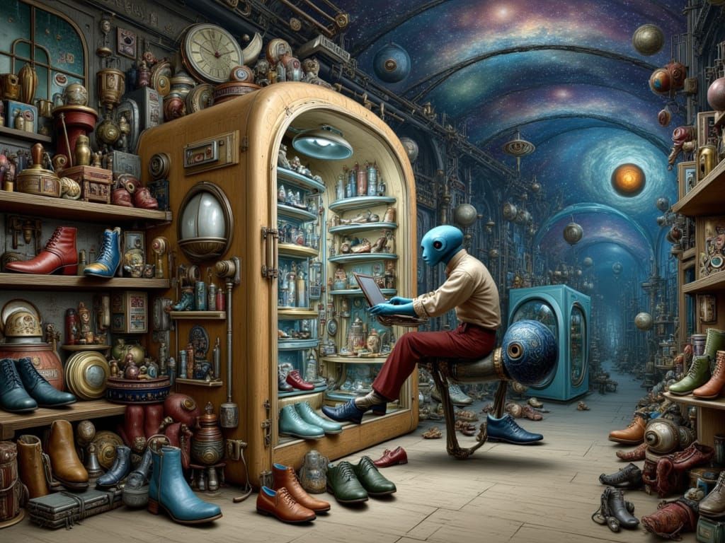 Alien Rides Typewriter Orbiting Fridge in Galactic Shoe Shop