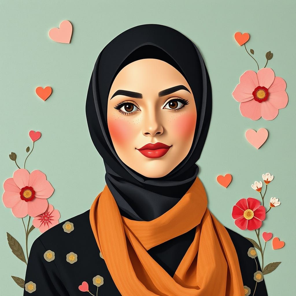 Whimsical Paper Collage Portrait of a Curvy Hijabi Woman