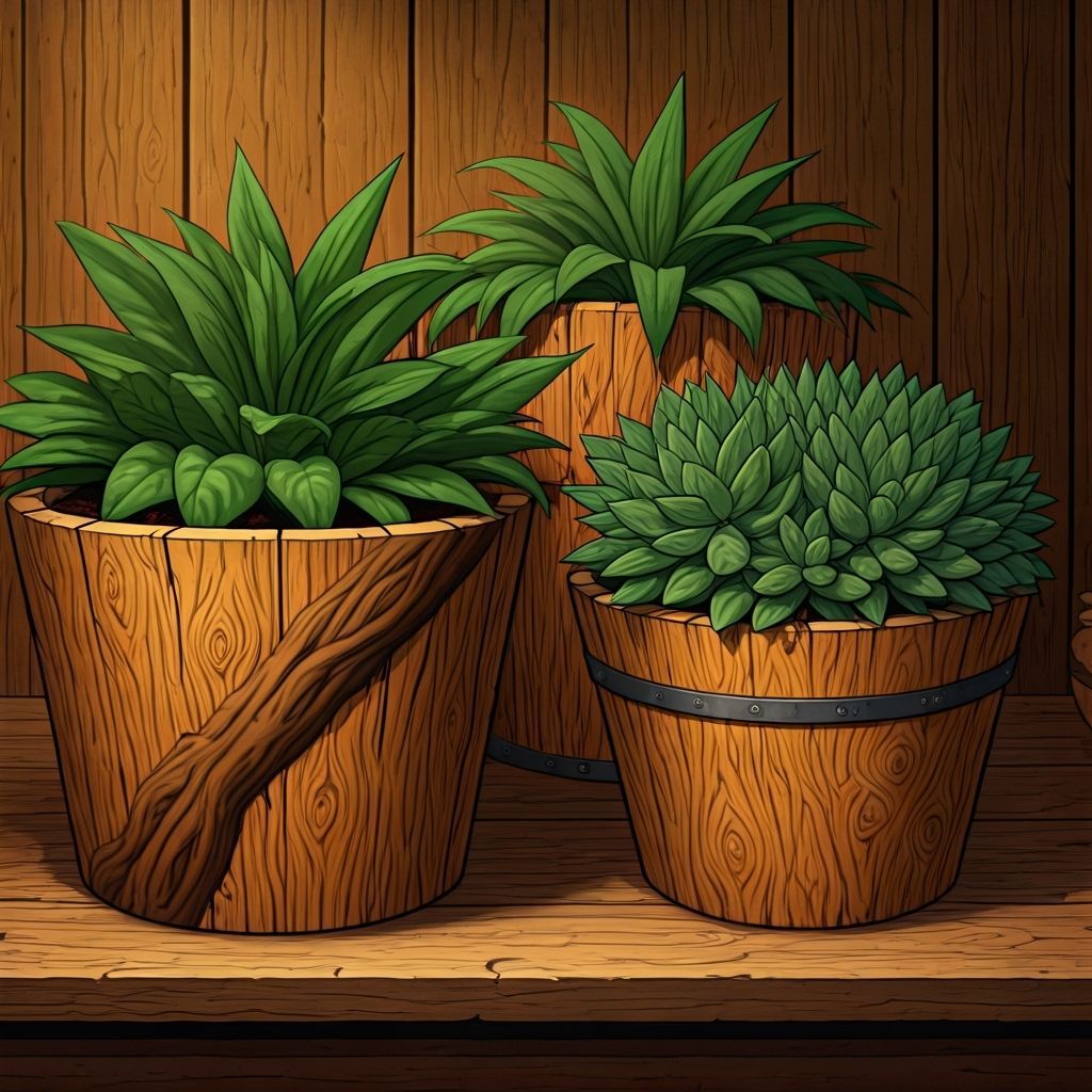 Carved Wooden Plant Pots in Workshop, Industrial Organic Sty...