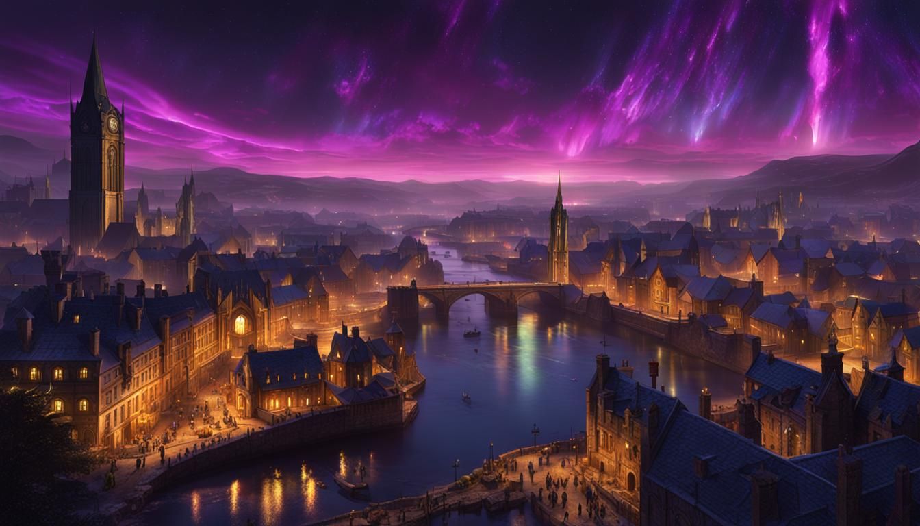 Yorkshire City Northern Lights in Dark Fantasy Style
