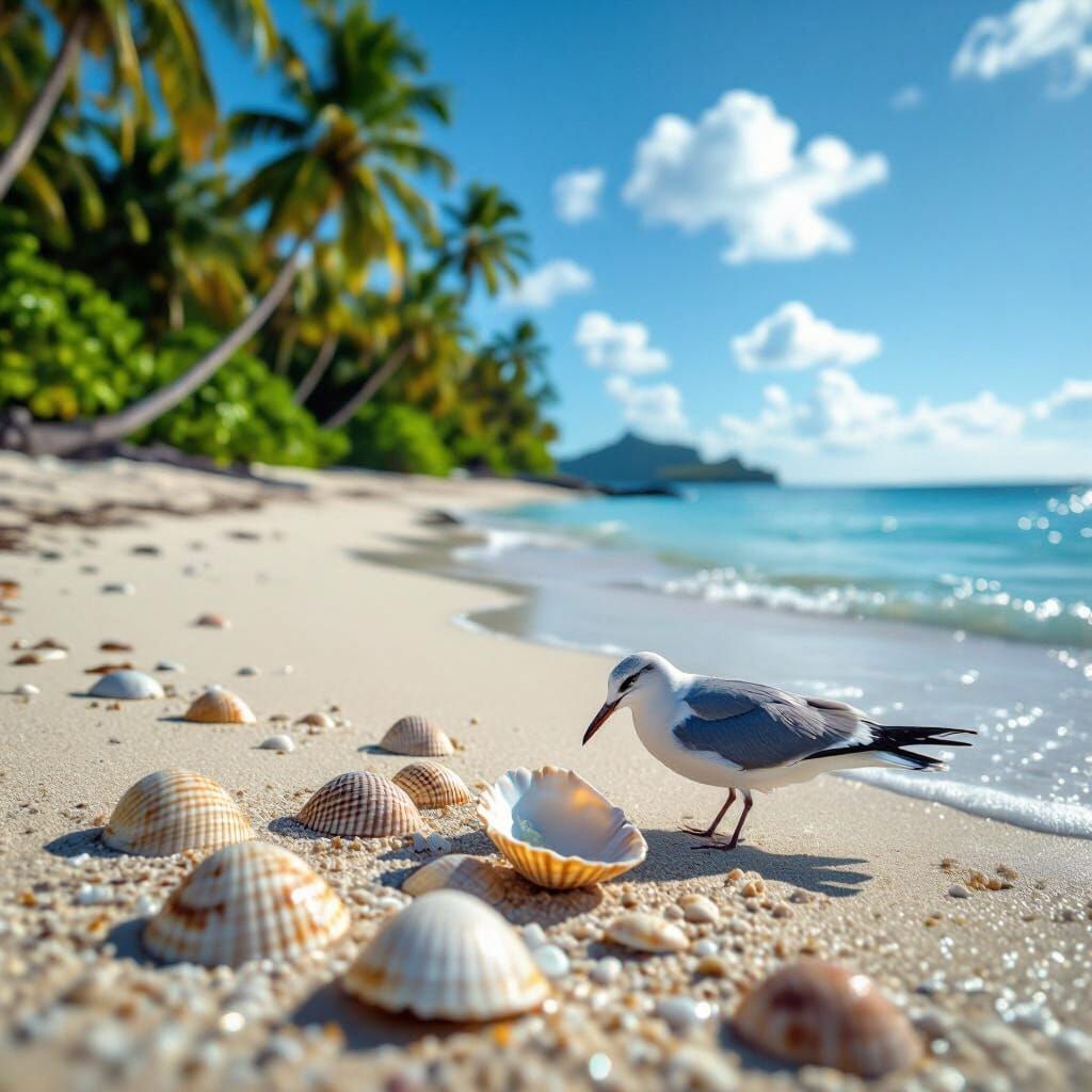 Tropical Island Beach with Seabird, Hyperrealistic