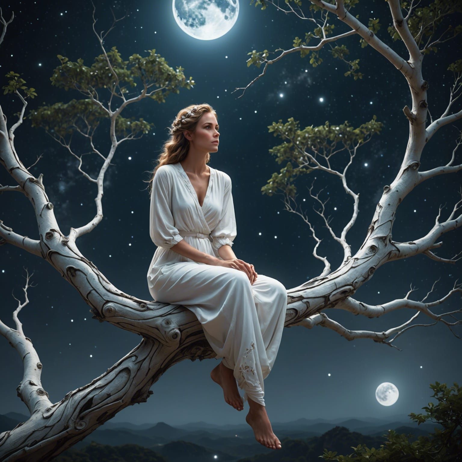 Cosmic Woman on Spiraling Tree: 3D Digital Art