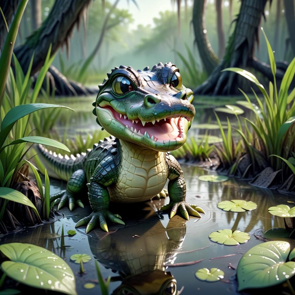 Cute Chibi Alligator in a Swamp: Hyperrealistic Rendering