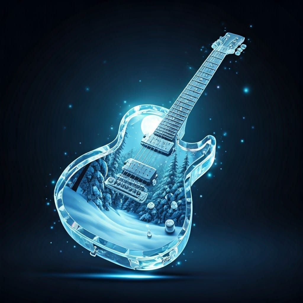 Luminous Transparent Guitar Under Moonlit Winter Forest