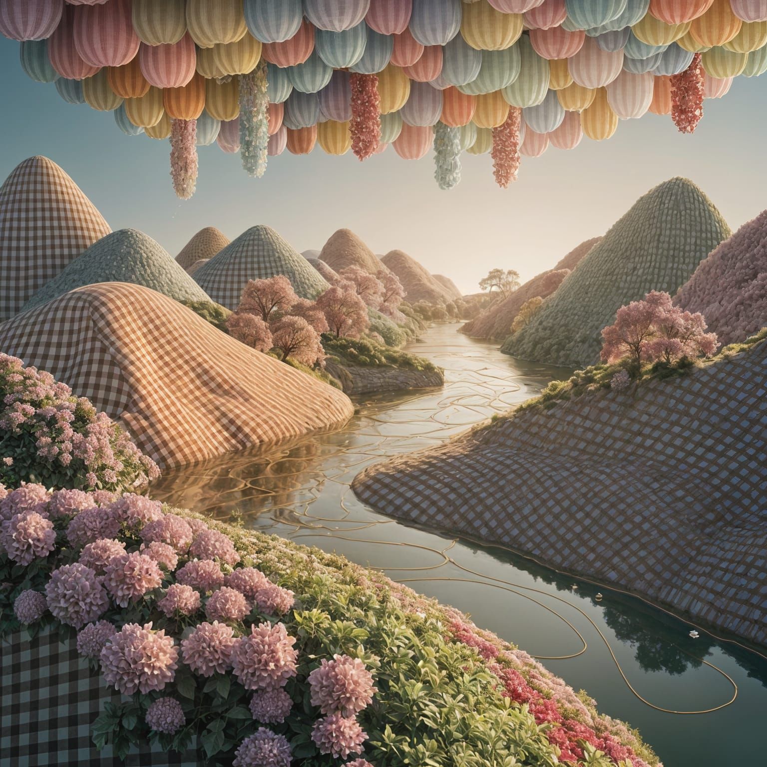 Surreal Gingham Landscape Unfolds in Vibrant Textile Tapestr...