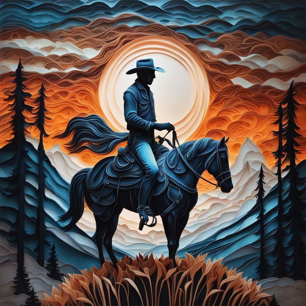 Surreal Double Exposure Cowboy Landscape at Sunset