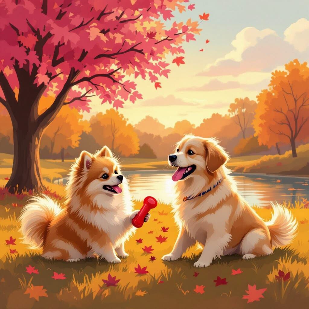 Fluffy Pomeranian and Golden Retriever Play in Autumn Park