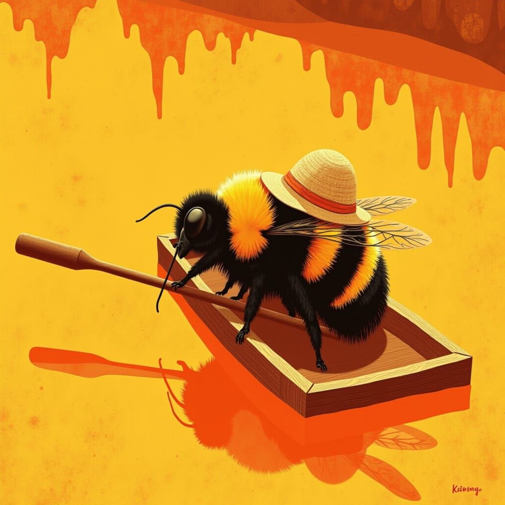 Fuzzy Bumblebee Rows Boat Down Honey River