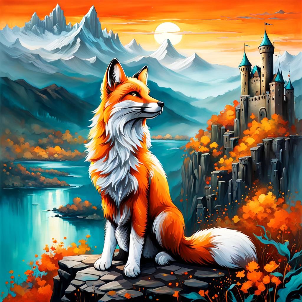 Silver Fox in Misty Mountains: Graffiti Art