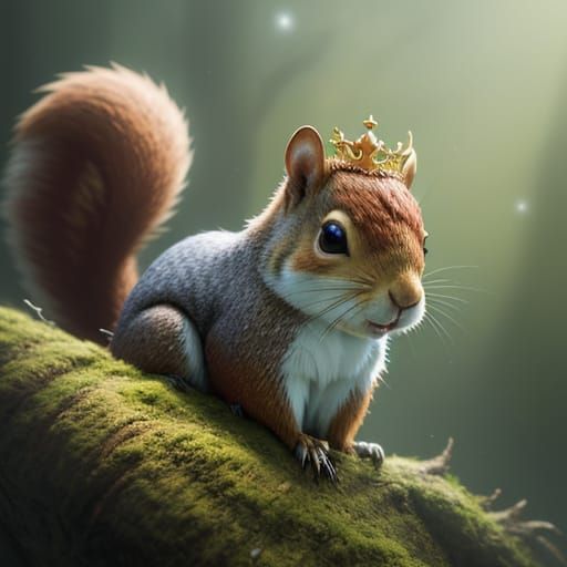 Crowned Squirrel in Whimsical Forest: Anime 3D Art